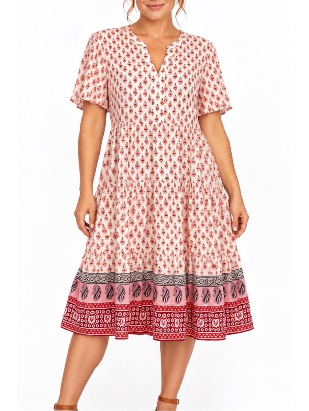 Beach Lunch Lounge tiered shift dress featuring a red paisley block print